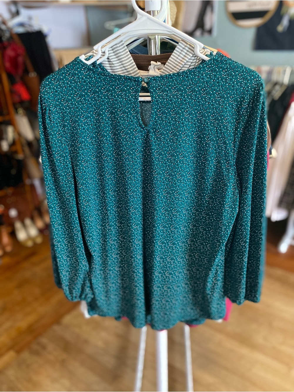 Adrianna Papell Teal Sparkle Long-Sleeve Blouse - Picture 7 of 9